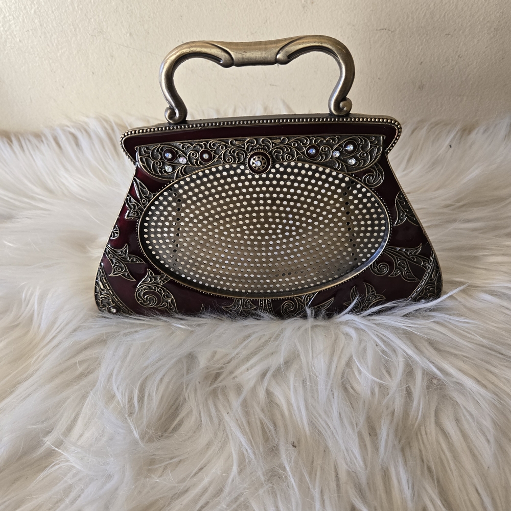 Metal Jeweled Elegant Burgundy and Gold Handbag Purse Shaped Picture Frame